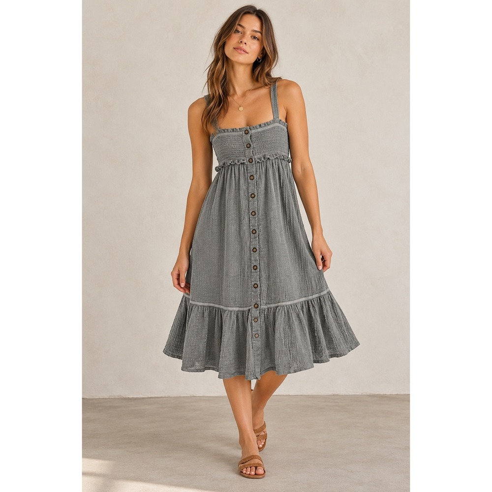 Lucky Brand Grey Cotton Gauze Smocked Button Front Tiered Midi Dress Small